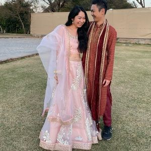 Peach Mirror Embroidered Net Lehenga